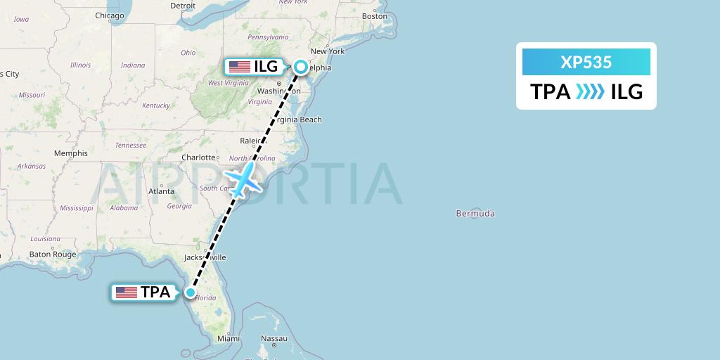 XP535 Avelo Airlines Flight Map: Tampa to Wilmington
