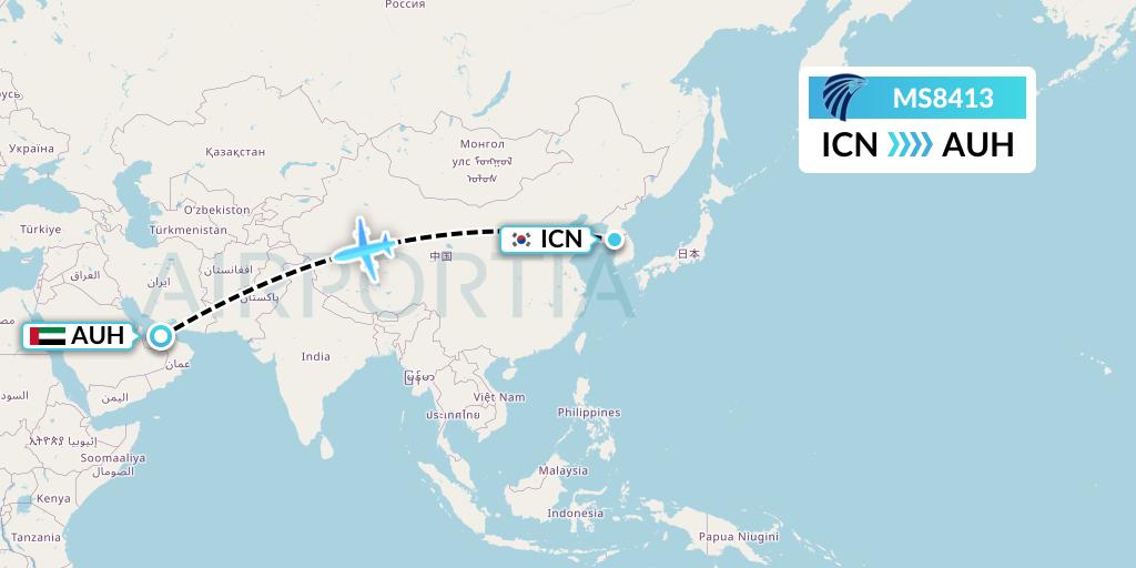 MS8413 EgyptAir Flight Map: Seoul to Abu Dhabi