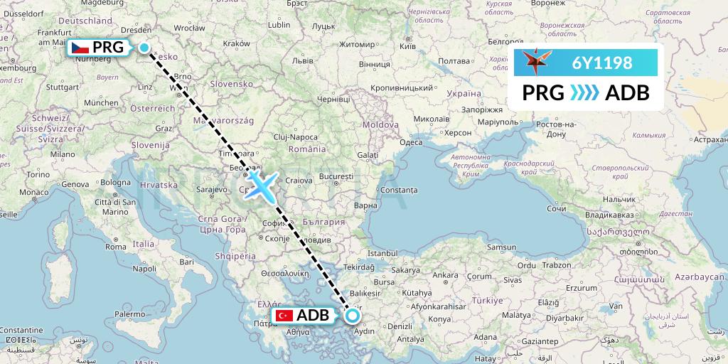 6Y1198 SmartLynx Flight Map: Prague to Izmir