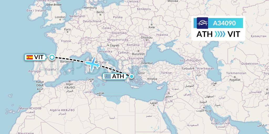 A34090 Aegean Airlines Flight Map: Athens to Vitoria