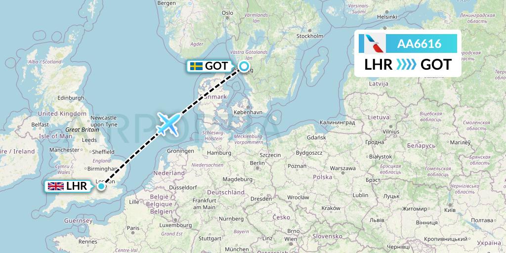 AA6616 American Airlines Flight Map: London to Gothenburg