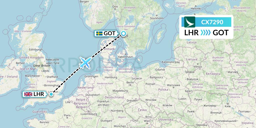 CX7290 Cathay Pacific Flight Map: London to Gothenburg