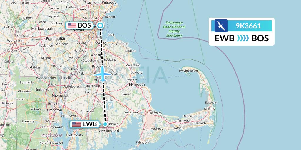 9K3661 Cape Air Flight Map: New Bedford to Boston