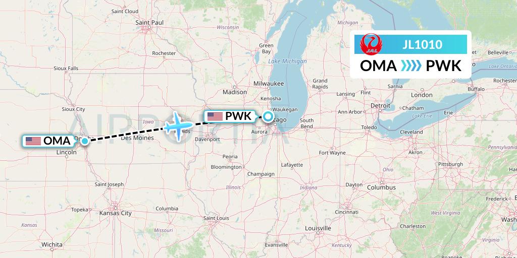 JL1010 Japan Airlines Flight Map: Omaha to Chicago