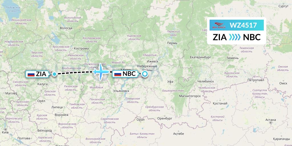 WZ4517 Red Wings Flight Map: Moscow to Naberezhnye Chelny