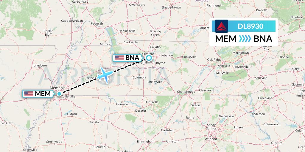 DL8930 Delta Air Lines Flight Map: Memphis to Nashville