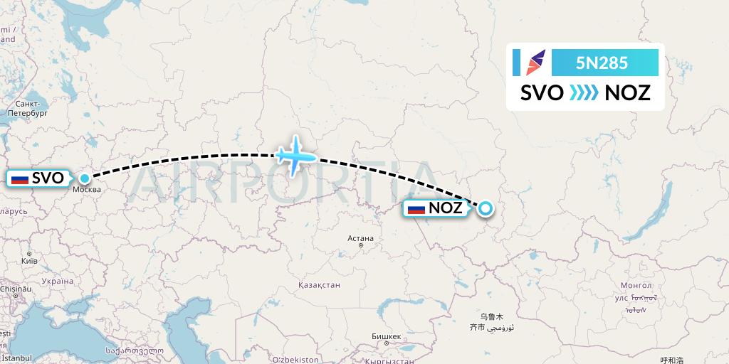 5N285 Nordavia Flight Map: Moscow to Novokuznetsk