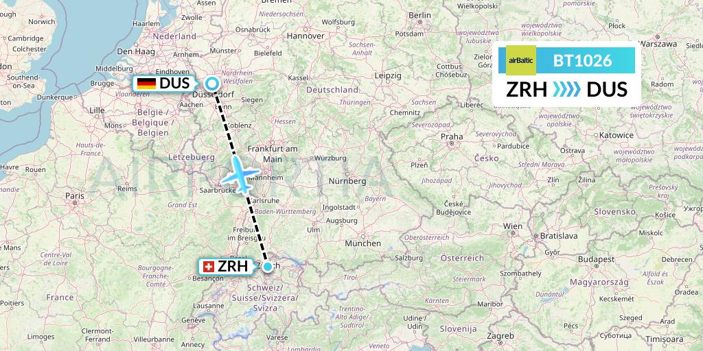 BT1026 Air Baltic Flight Map: Zurich to Dusseldorf