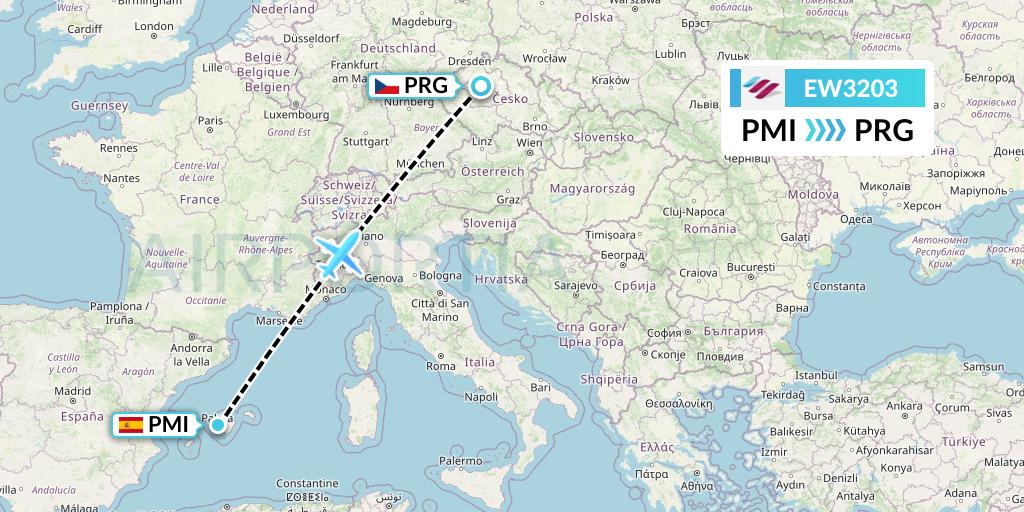 EW3203 Eurowings Flight Map: Palma de Mallorca to Prague