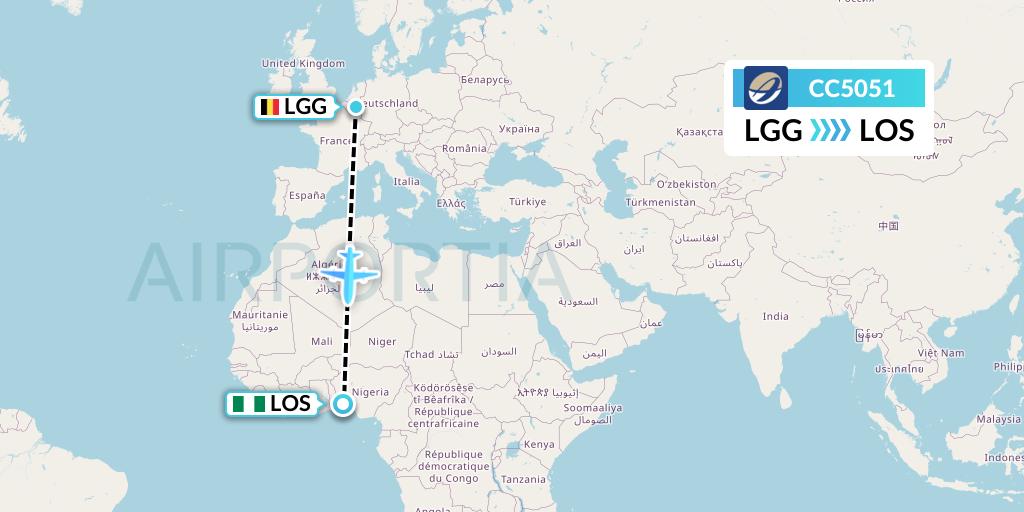 CC5051 CM Airlines Flight Map: Liege to Lagos