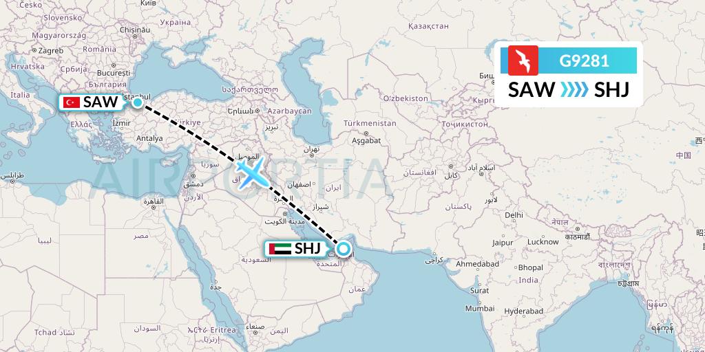 G9281 Air Arabia Flight Map: Istanbul to Sharjah