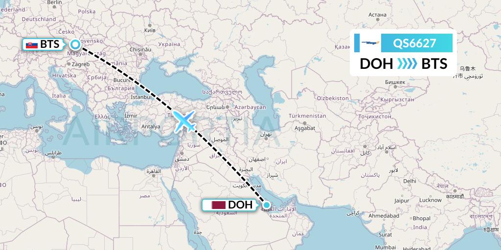 QS6627 Smartwings Flight Map: Doha to Bratislava