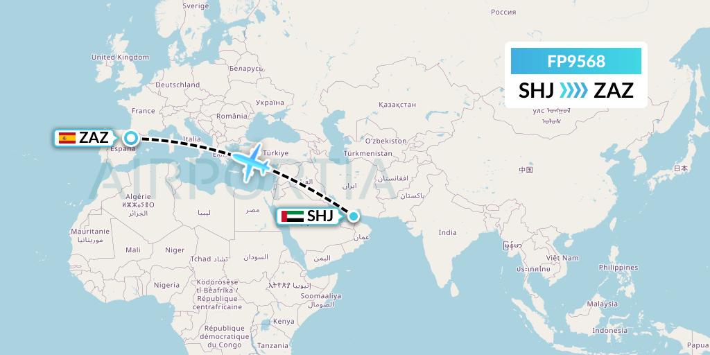 FP9568 FlyPelican Flight Map: Sharjah to Zaragoza