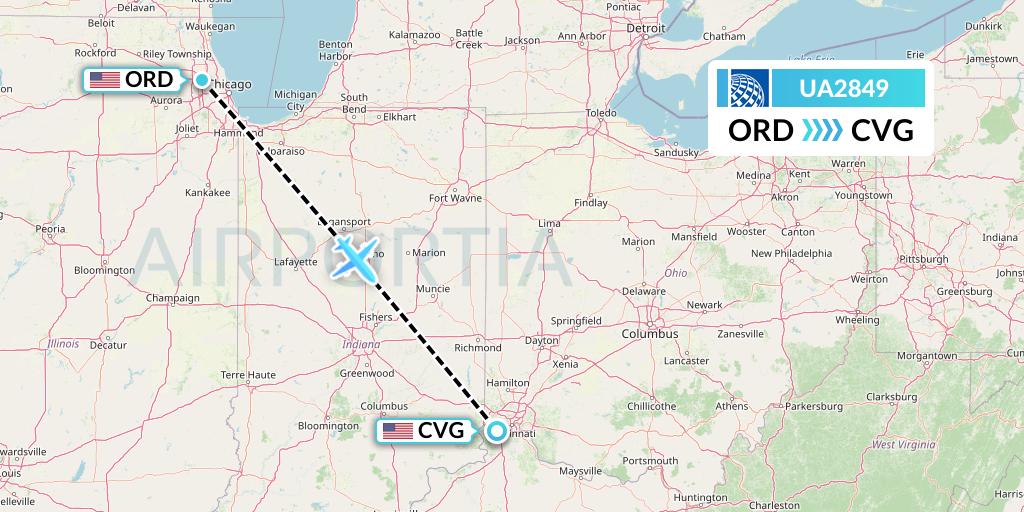 UA2849 United Airlines Flight Map: Chicago to Cincinnati