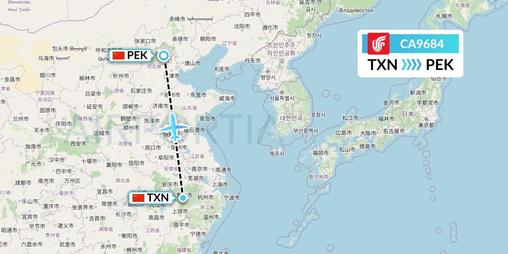 CA9684 Air China Flight Map: Huangshan City to Beijing