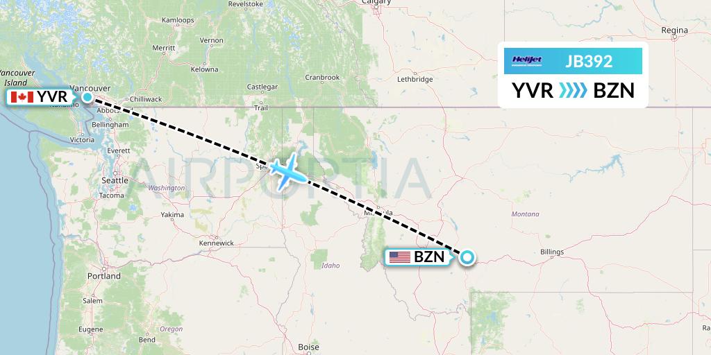JB392 Helijet International Flight Map: Vancouver to Bozeman