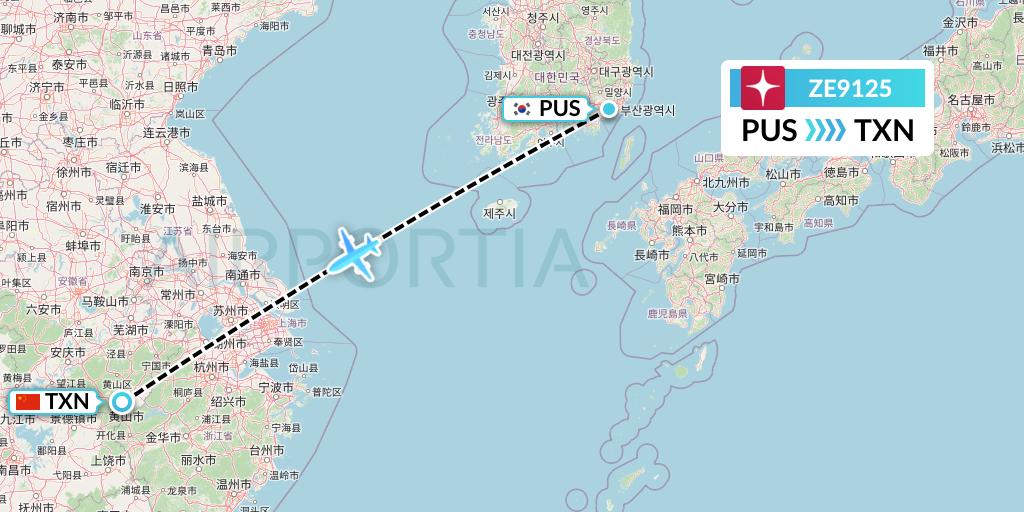ZE9125 Eastar Jet Flight Map: Busan to Huangshan City