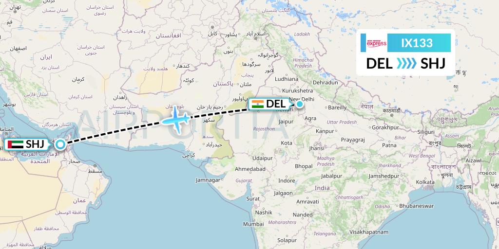 IX133 Air India Express Flight Map: Delhi to Sharjah