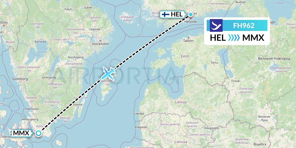 FH962 Freebird Airlines Flight Map: Helsinki to Malmo