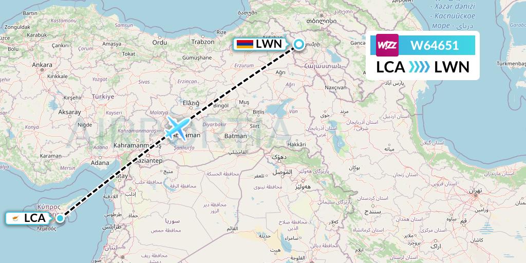 W64651 Wizz Air Flight Map: Larnaca to Gyumri