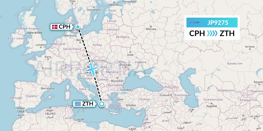 JP9275 Adria Airways Flight Map: Copenhagen to Zakynthos