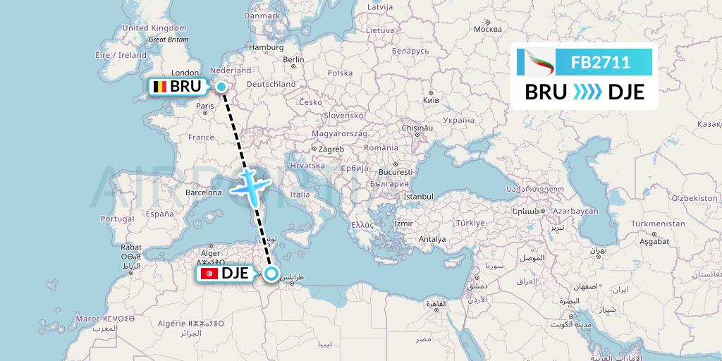 FB2711 Bulgaria Air Flight Map: Brussels to Djerba
