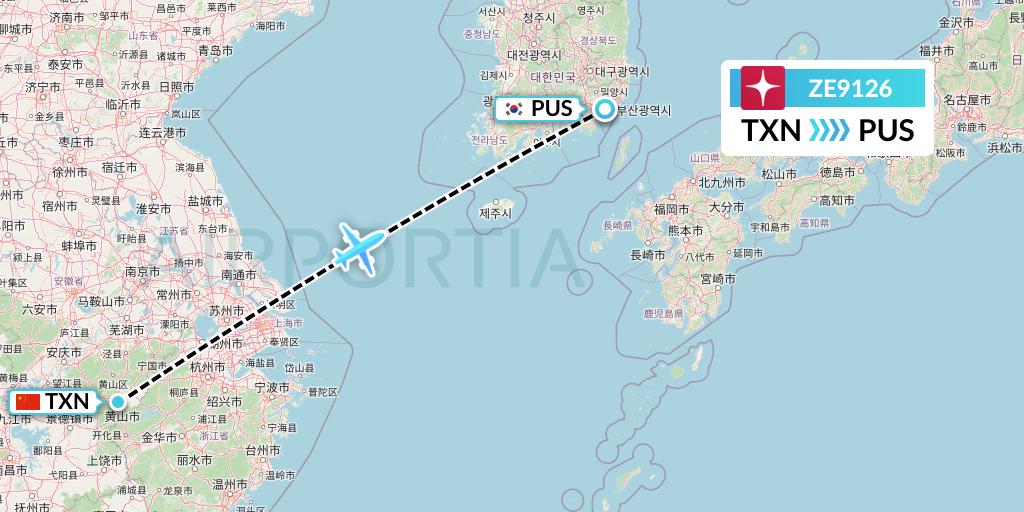 ZE9126 Eastar Jet Flight Map: Huangshan City to Busan