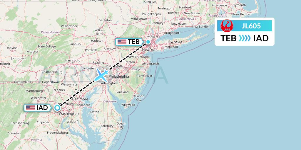 JL605 Japan Airlines Flight Map: Teterboro to Washington