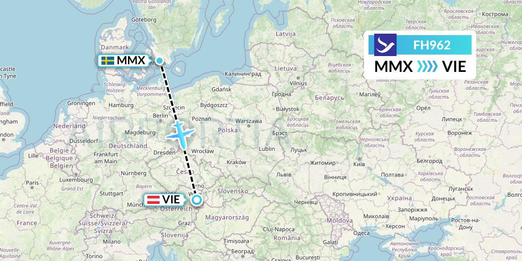 FH962 Freebird Airlines Flight Map: Malmo to Vienna