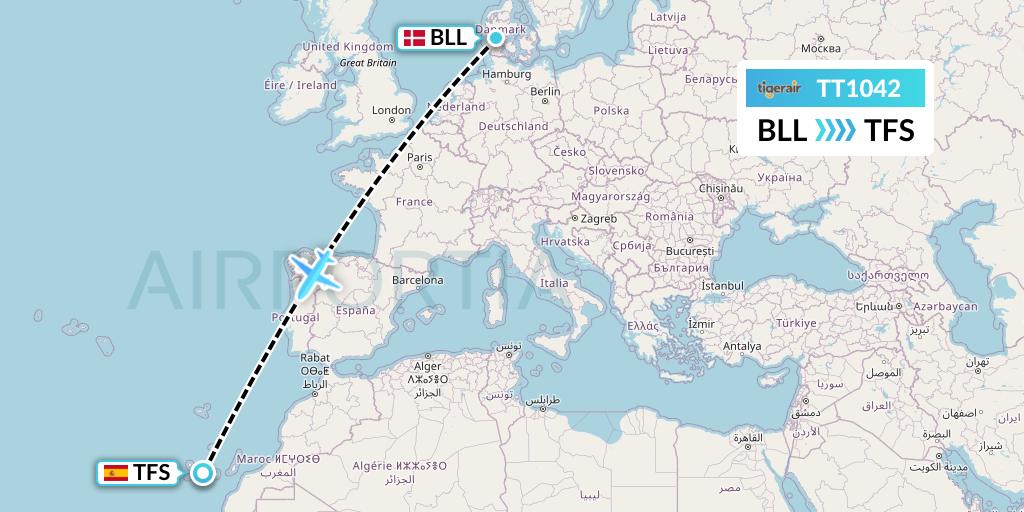 TT1042 Tigerair Australia Flight Map: Billund to Tenerife