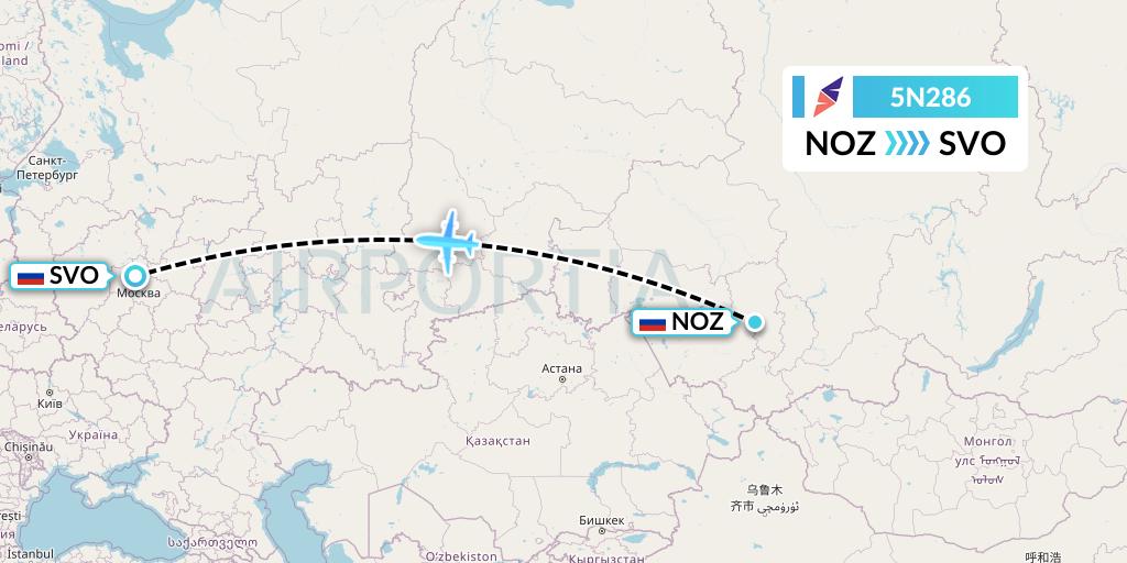 5N286 Nordavia Flight Map: Novokuznetsk to Moscow