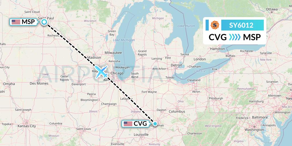 SY6012 Sun Country Airlines Flight Map: Cincinnati to Minneapolis