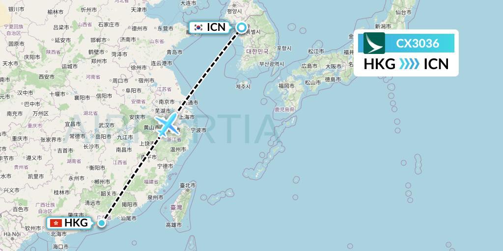 CX3036 Cathay Pacific Flight Map: Hong Kong to Seoul