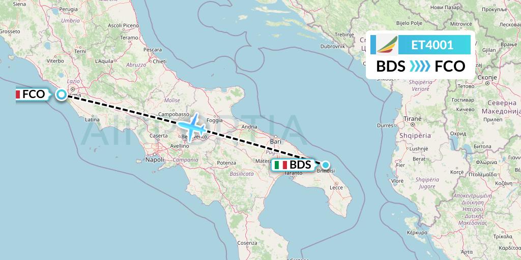 ET4001 Ethiopian Airlines Flight Map: Brindisi to Rome