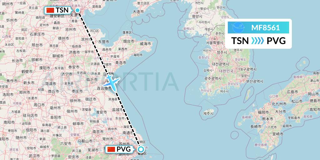 MF8561 Xiamen Airlines Flight Map: Tianjin to Shanghai
