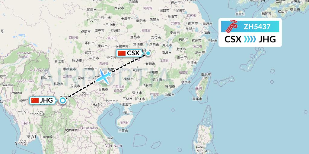 ZH5437 Shenzhen Airlines Flight Map: Changsha to Jinghong
