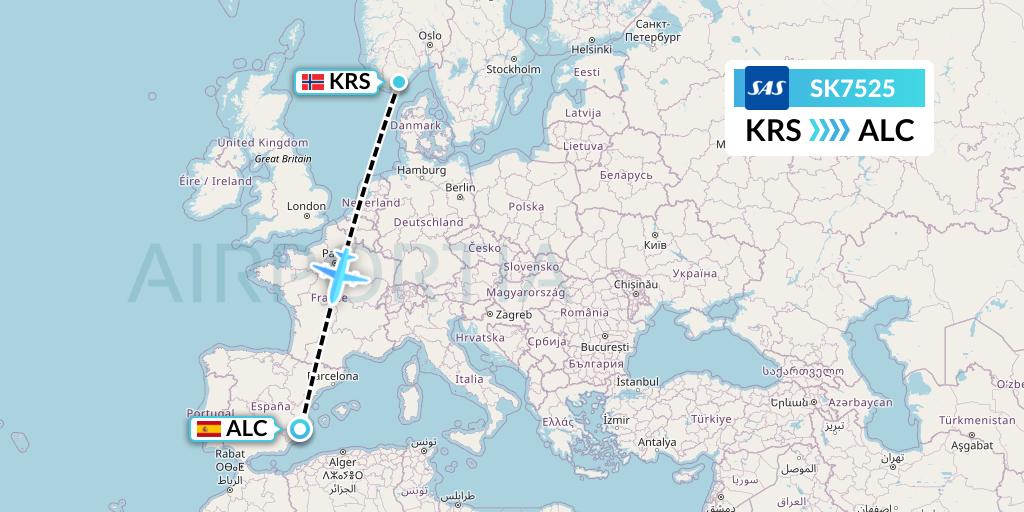 SK7525 SAS Flight Map: Kristiansand to Alicante