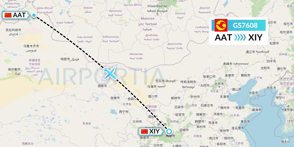 GS7608 Tianjin Airlines Flight Map: Altay to Xi'an