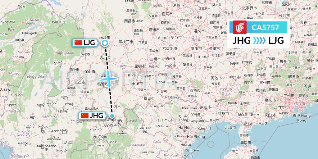 CA5757 Air China Flight Map: Jinghong to Lijiang