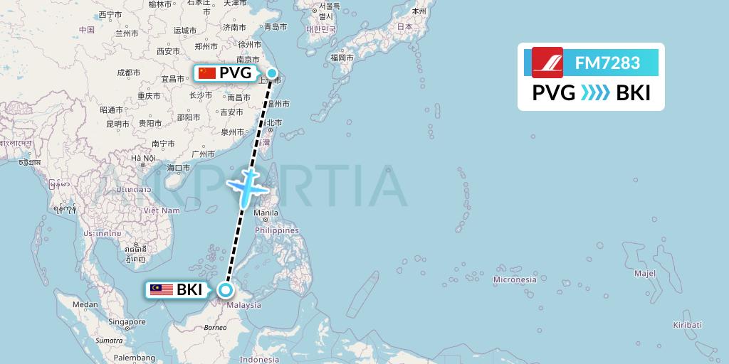 FM7283 Shanghai Airlines Flight Map: Shanghai to Kota Kinabalu