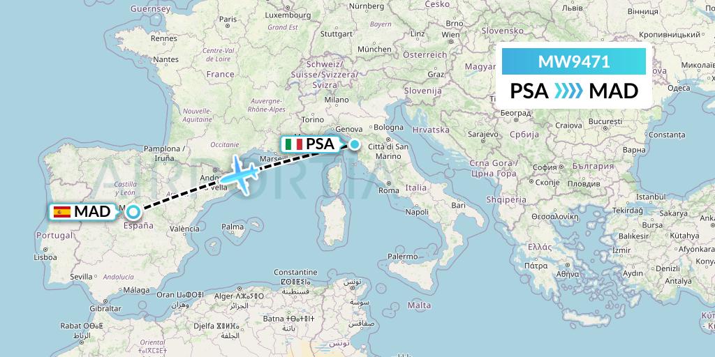 MW9471 Mokulele Flight Service Flight Map: Pisa to Madrid