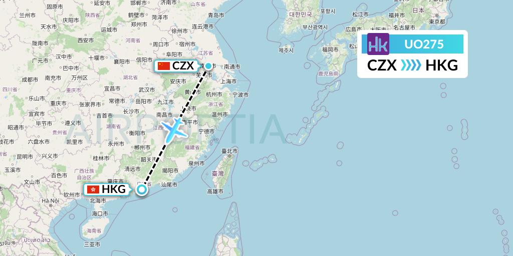 UO275 Hong Kong Express Flight Map: Changzhou to Hong Kong
