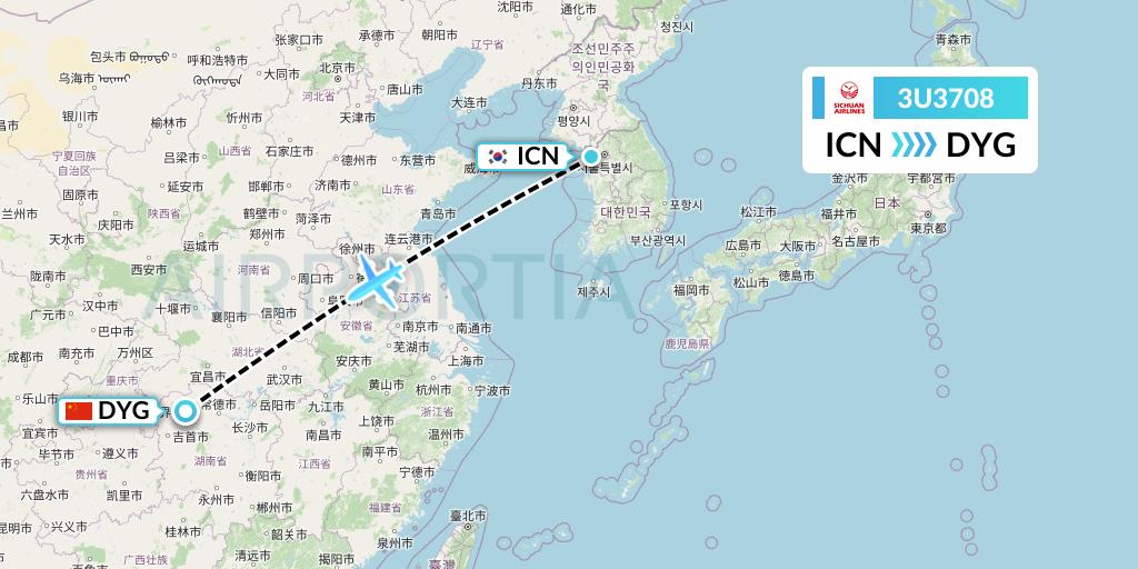 3U3708 Sichuan Airlines Flight Map: Seoul to Dayong