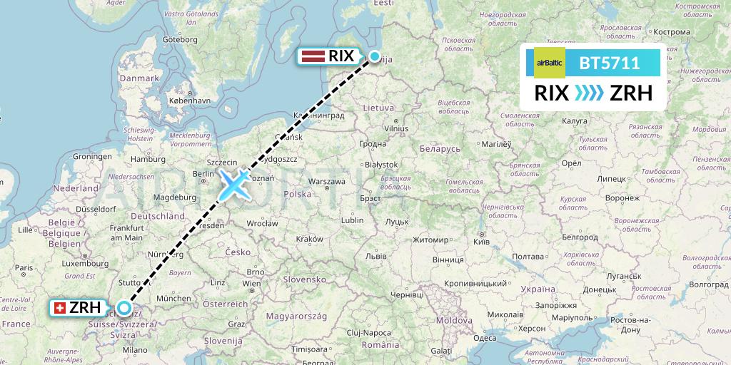 BT5711 Air Baltic Flight Map: Riga to Zurich