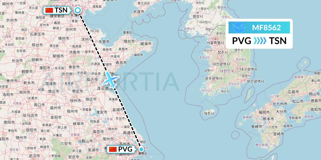MF8562 Xiamen Airlines Flight Map: Shanghai to Tianjin