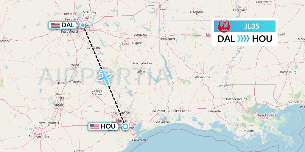 JL35 Japan Airlines Flight Map: Dallas to Houston