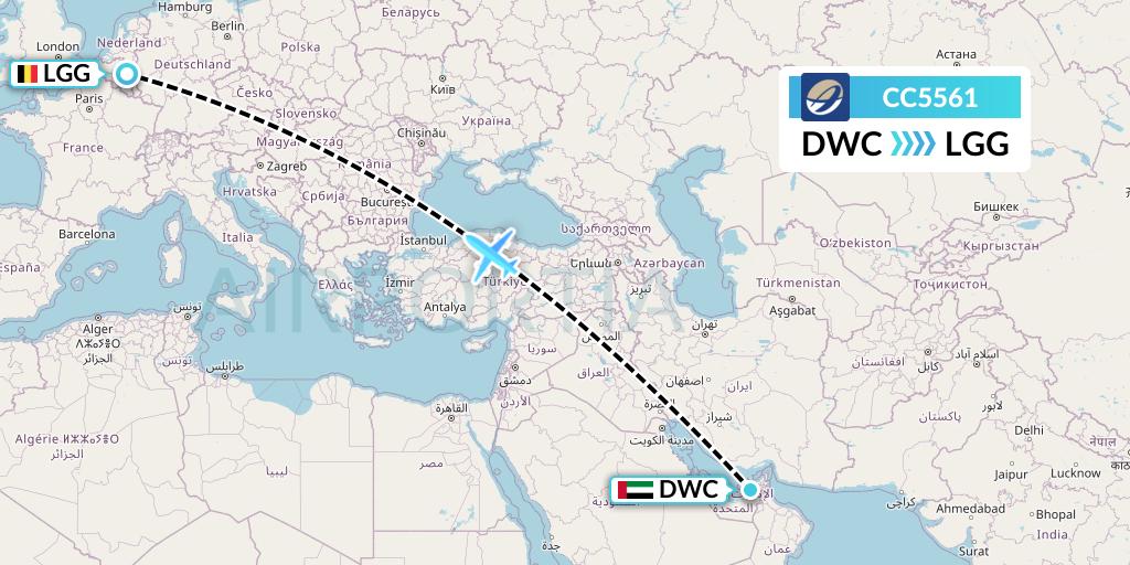 CC5561 CM Airlines Flight Map: Dubai to Liege