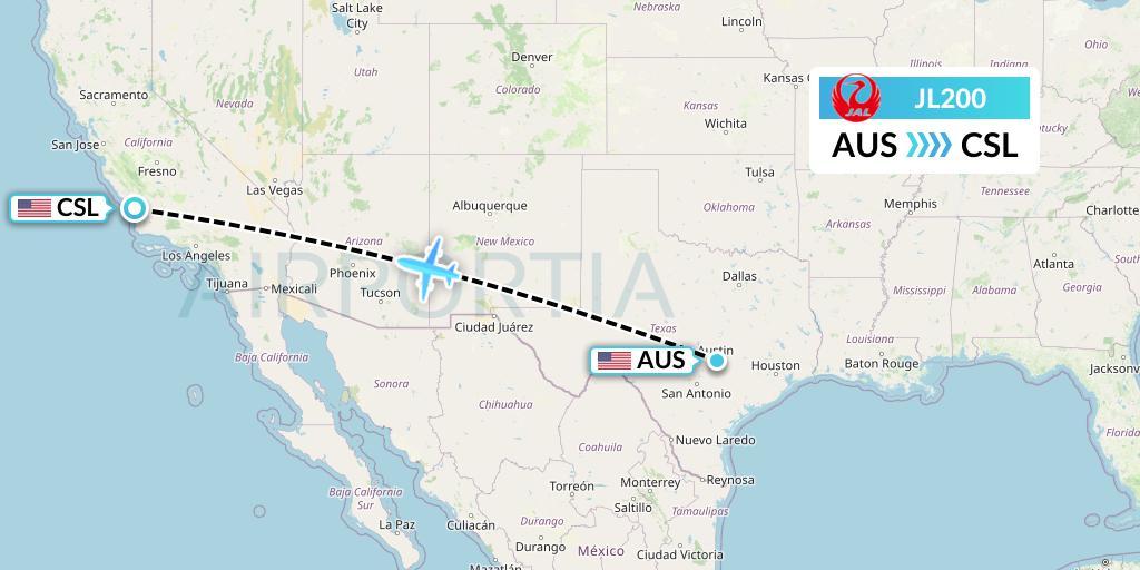 JL200 Japan Airlines Flight Map: Austin to San Luis Obispo