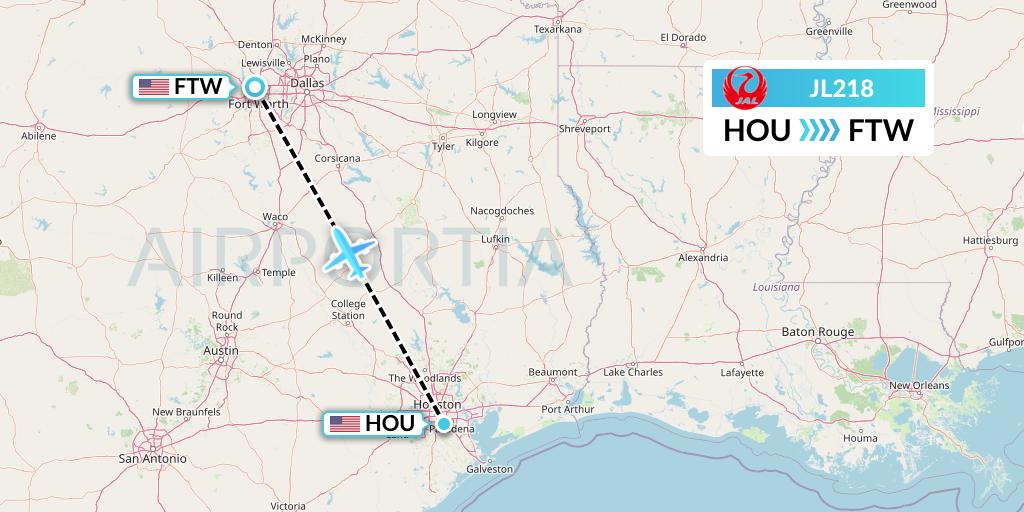 JL218 Japan Airlines Flight Map: Houston to Fort Worth