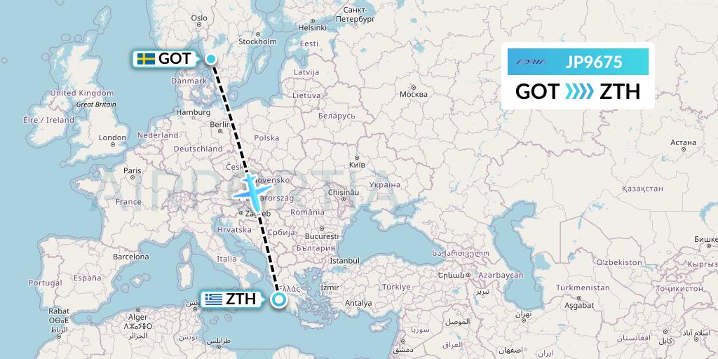 JP9675 Adria Airways Flight Map: Gothenburg to Zakynthos